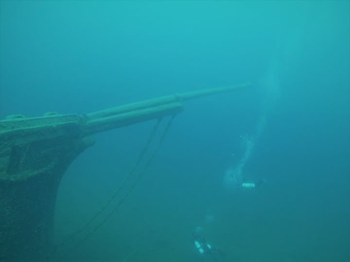 Underwater photograph of the bow of the Arabia shipwreck